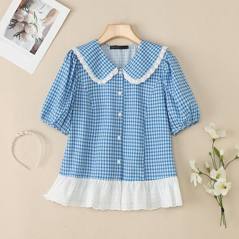 

ZANZEA Женская повседневная блузка с отложным воротником, летняя, с коротким рукавом, в клетку 2XL синий