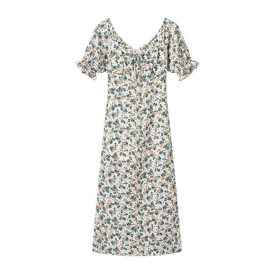 

Платье из шифона с цветочным принтом и рукавами-буфами 2025 – Нежное, в сказочном стиле, корейское летнее макси Small белый/кремовый