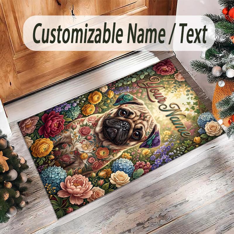 Pug Theme Crystal Velvet Floor Rug Personalized Custom Name Text Warm Carpet Home Decoration