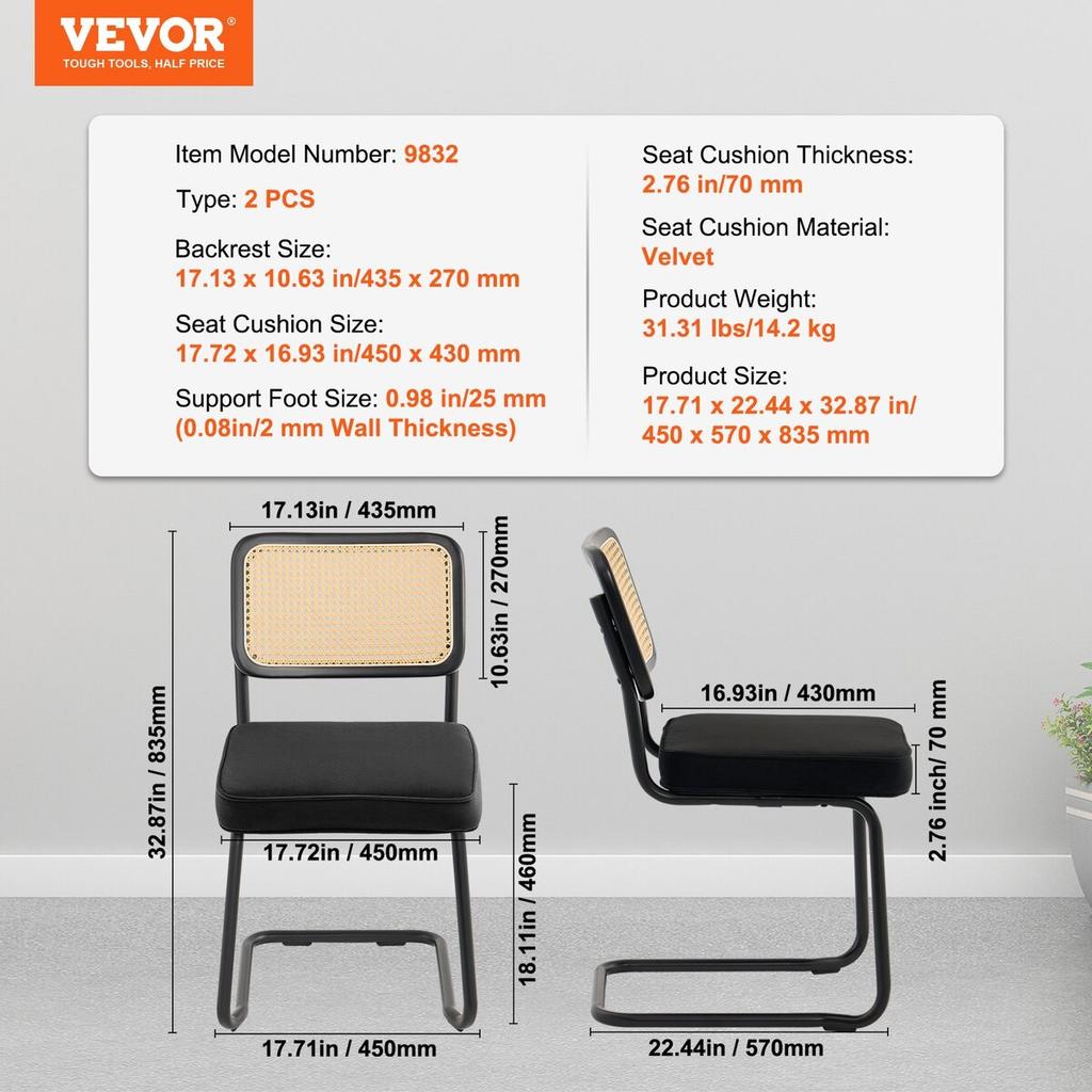 Rattan Chairs, Set of 2, Mid Century Modern Dining Chair, Upholstered Velvet Accent Chair with Rattan Back, Retro Dining Room Kitchen Chair for Living