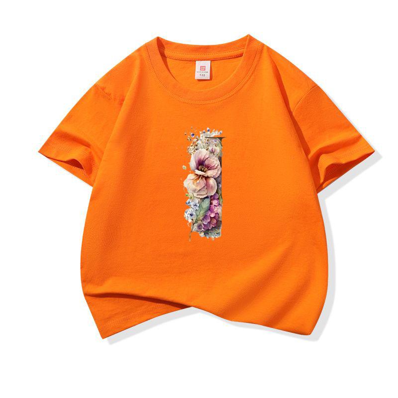 Kids Cotton T Shirt Floral Letter I Print Crew Neck Short Sleeve Tee Casual Boys Girls Summer Tops