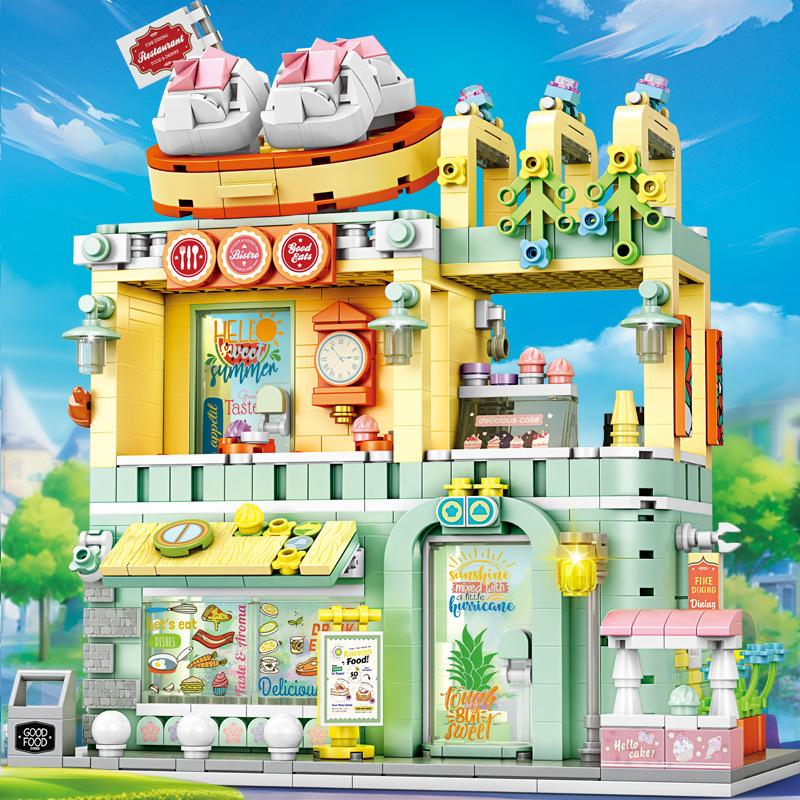 MOC Snack Street Pizza Shop Restaurant Store Building Block Set Commodity Store Modern House DIY Toys For Children Holiday Gifts Paper Instruction