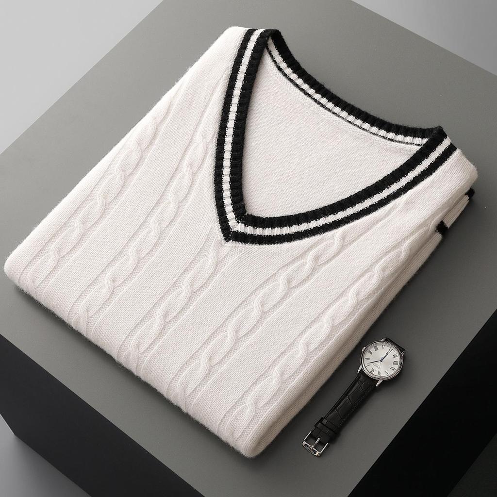 Men's College-Style 100% Wool Knitted Vest, Autumn/Winter Cable Knit, Contrasting Colors, Thickened Sleeveless Design