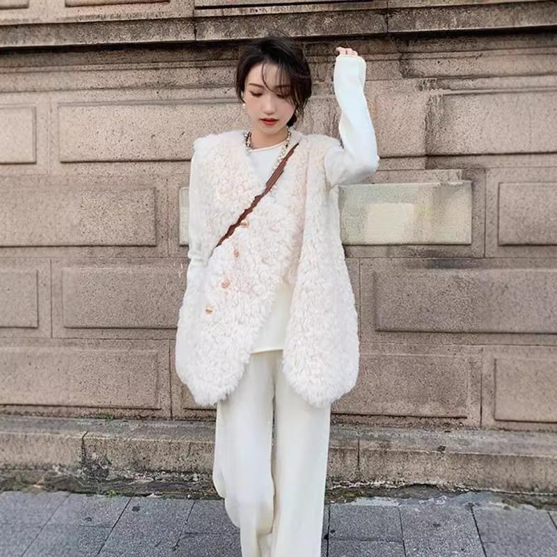Lamb wool imitation fur vest autumn and winter women's new medium and long lamb wool vest jacket