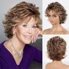 Curly Synthetic Wigs Natural Short Hair Mom Wig with Bangs Brown Mixed Blonde Pixie Wig for White Women Blanche Old Lady Wig