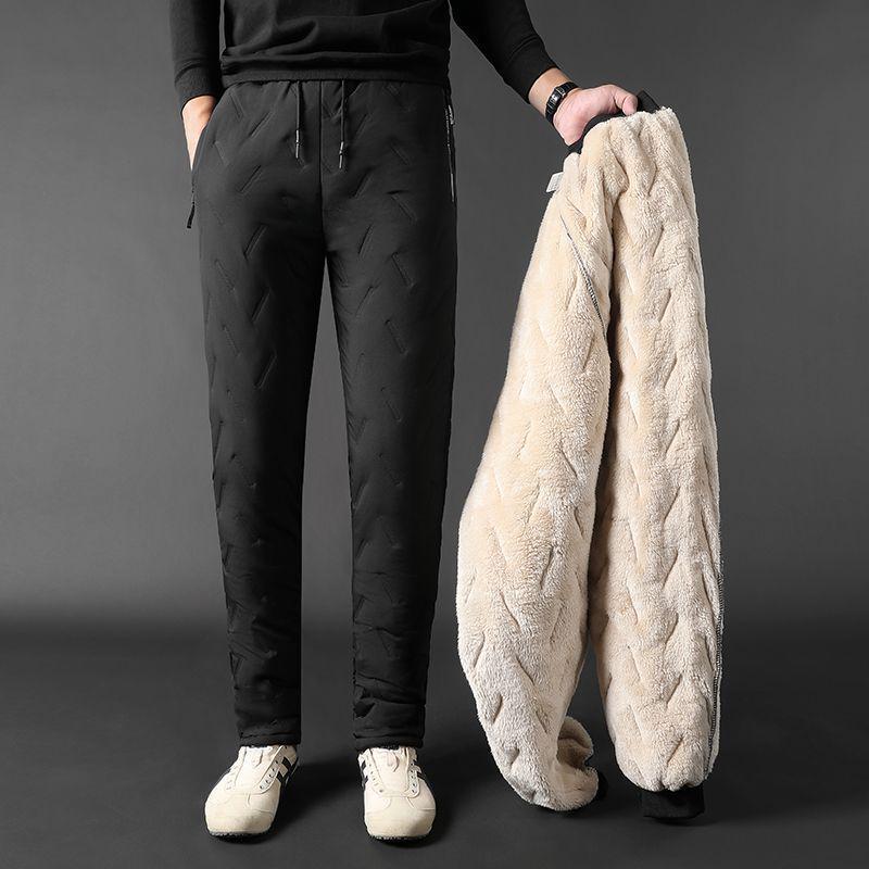 Men's Large Warm Cotton Trousers with Lamb Fleece, Three-Layer Thickened, Cold-Resistant, One-Piece Design
