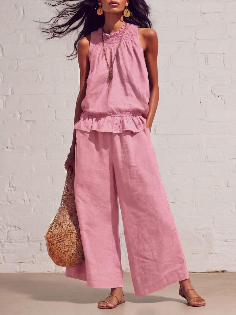 Europäisches & Amerikanisches Damen Retro Bohemian Rüschen Baumwoll-Leinen Zweiteiliges Set für Frühling und Sommer 2026