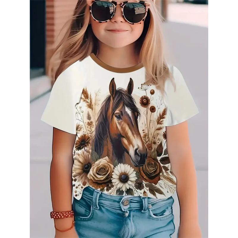 2025 Kinder-T-Shirt Neu Tier Pferd 3D-Druck Jungen- und Mädchen-T-Shirts Mode Kurzarm