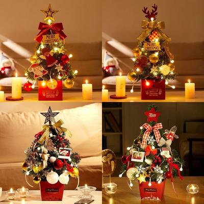 Small Pendant Mini Christmas Tree With Light Ribbon Bow Jingle Bell Tabletop Artificial Christmas Tree Ornaments Star
