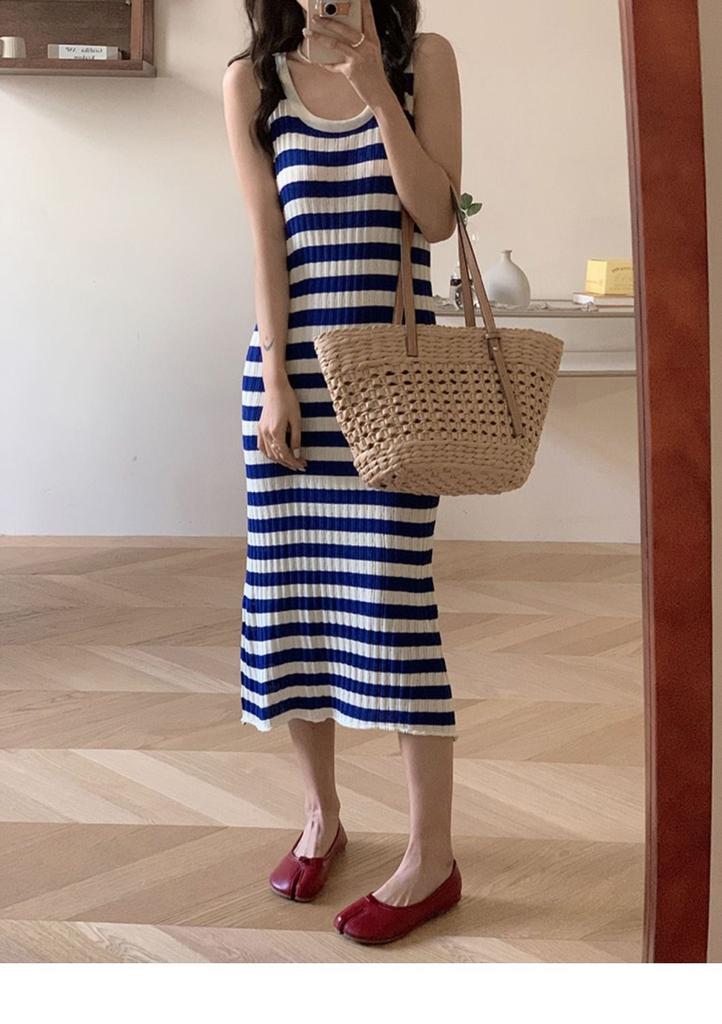Blue Striped Dress Women's Seaside Vacation Style Loose Vest Knitted Beach Skirt Lazy Style Casual Dress