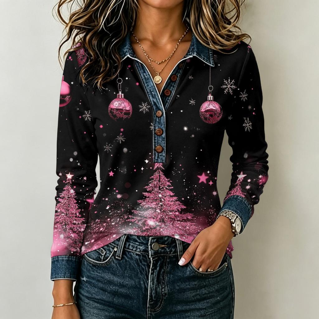 Women's Casual Long Sleeve Top Loose Fit Stylish Color Block Patchwork Shirt Comfortable Everyday Blouse
