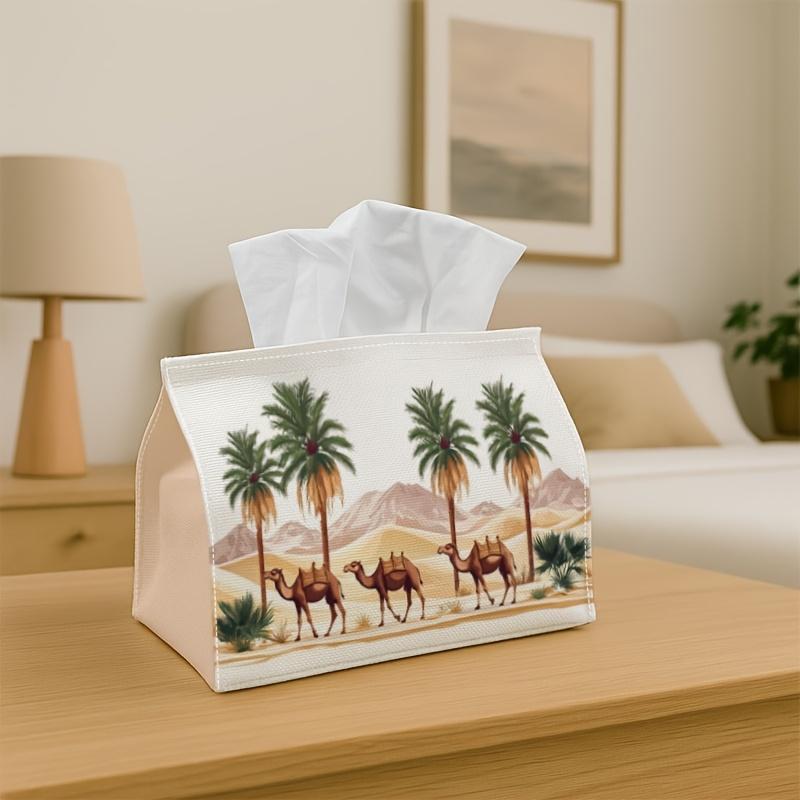 1pc Desert Exotic Tissue Box Featuring a Camel And Palm Trees Landscape, Perfect for Holiday Celebrations And Home Decoration, Measuring 17.02*25.91 C