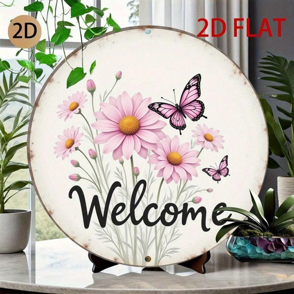 Vintage Floral Butterfly Welcome Metal Sign Wall Decor