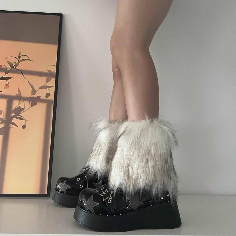 Fuzzy Faux Furs Leg Warmers Furs Heels Long Boots Cuffs Cover Has Elastic One Pair Carnivals Boot Cover Y2K JK Uniform
