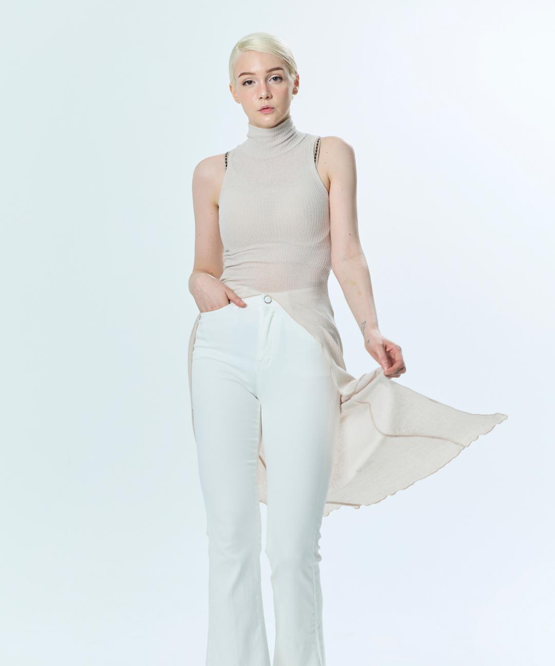 Jin Babi Chiffon Turtleneck Goddess Long Sleeveless Beige