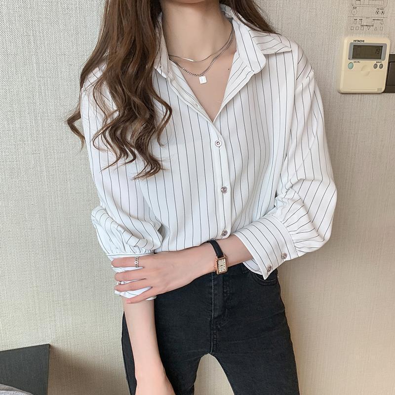 

2024 Autumn Women s Striped Chiffon Blouse: Retro, Professional, Long Sleeve Design XXXL