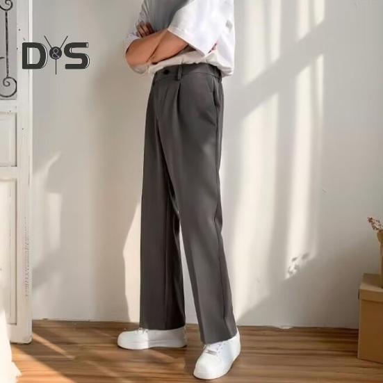 Men Suit Pants Wide Leg Loose Straight Elastic Waistband Formal Business Style Side Pockets Button Zipper Closure Solid Color Office Trousers