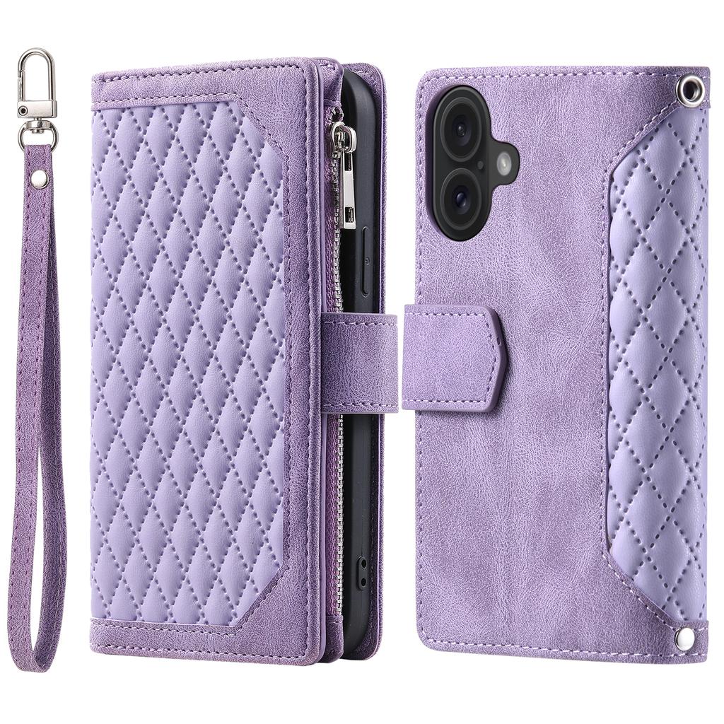 Styl 005 Pouzdro pro iPhone 16 PU kůže Peněženka Kryt na telefon Kosočtvercové prošívání