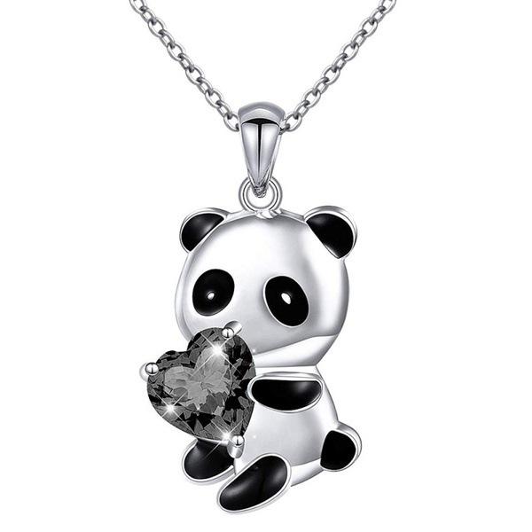 European & American Cute Panda Necklace: Pink Heart-Shaped Cubic Zirconia & Blue Crystal Design