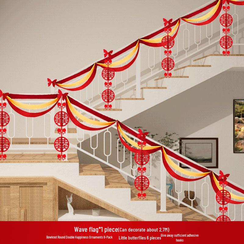 Double Happiness Stair Railing Decor: Wedding Floral Ornaments for Bride and Groom Sides