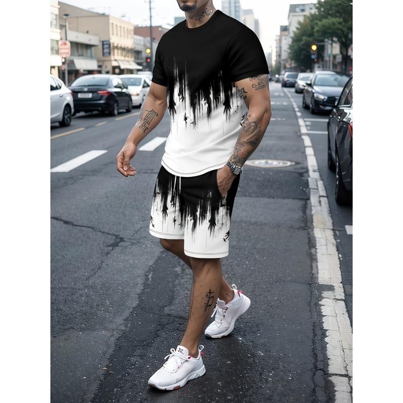 

Men s Plus Size 3D Rendered Corrugated Print Short Sleeve Shorts Summer Suit 8XL