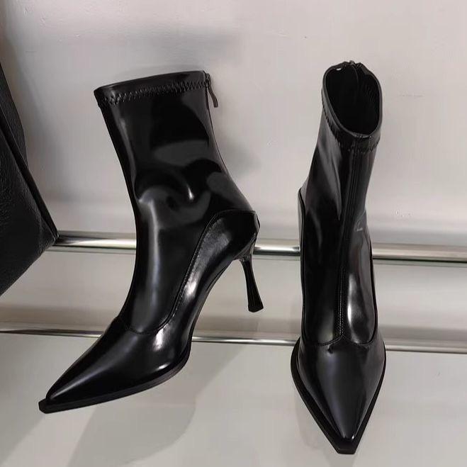 Skinny Boots  Temperament High Heel Imperial Sister Style Thin Heel Short Boots Fashion Boots Sexy Pointed