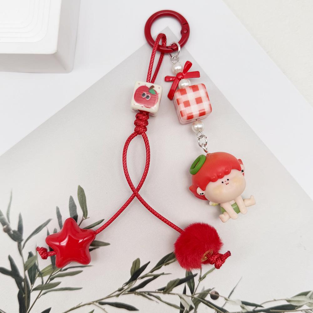 New Year Red Apple Star Plaid Pom-pom Keychain DIY Blind Box Charm Accessories New Year Red Apple Star Pendant