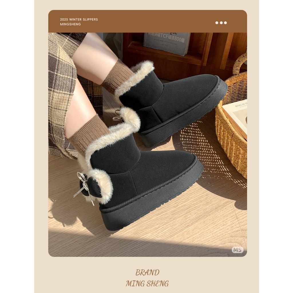 Bavlněné pantofle s mašlí pro ženy, zimní s patou v tašce s plyšovými bavlněnými botami, dívčí styl, teplé a se silnou podrážkou pro venkovní nošení