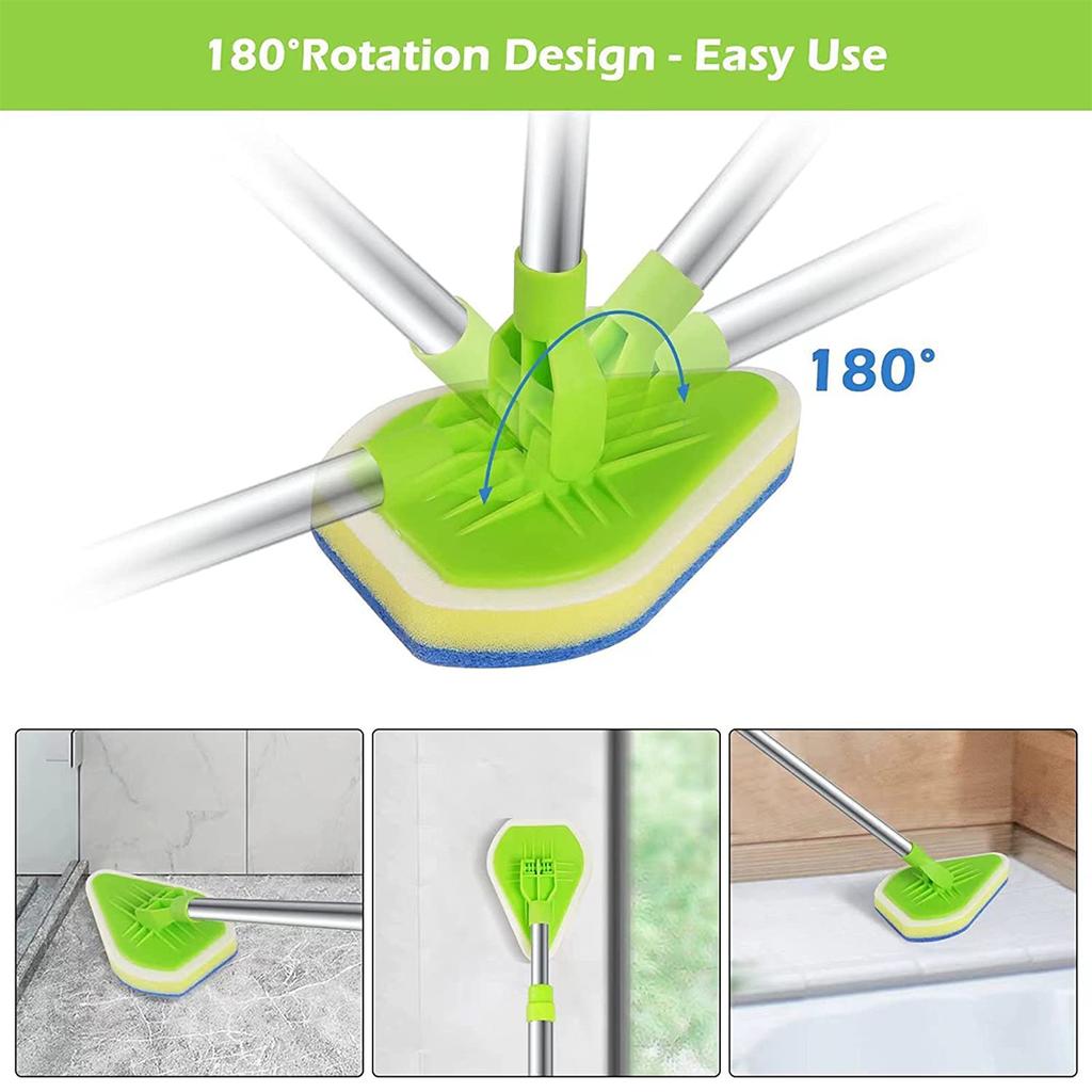 3 In 1 Long Handle Tile Scrubber Cleaning Brush Triangle Sponge Glass Wiper 180° Rotatable Retractable Bathroom Floor Cleaning