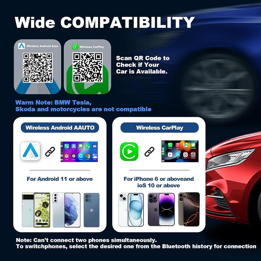 2-in-1 Mini Android Auto & Wireless CarPlay Adapter, Compact USB Dongle for iOS 12+/Android, No Delay