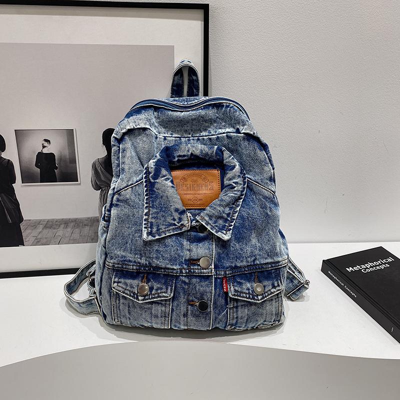 Batoh z prané džínoviny s velkou kapacitou, módní retro styl, podzimní a zimní džínový batoh s velkou kapacitou, taška pro dojíždění