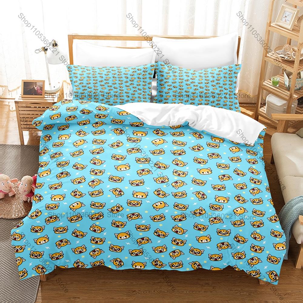 Personality Aggretsuko Anime Bedding Set New Soft Duvet Cover Pillowcases Cute Red Panda Print Bed Set for Kids Adults Bedroom D