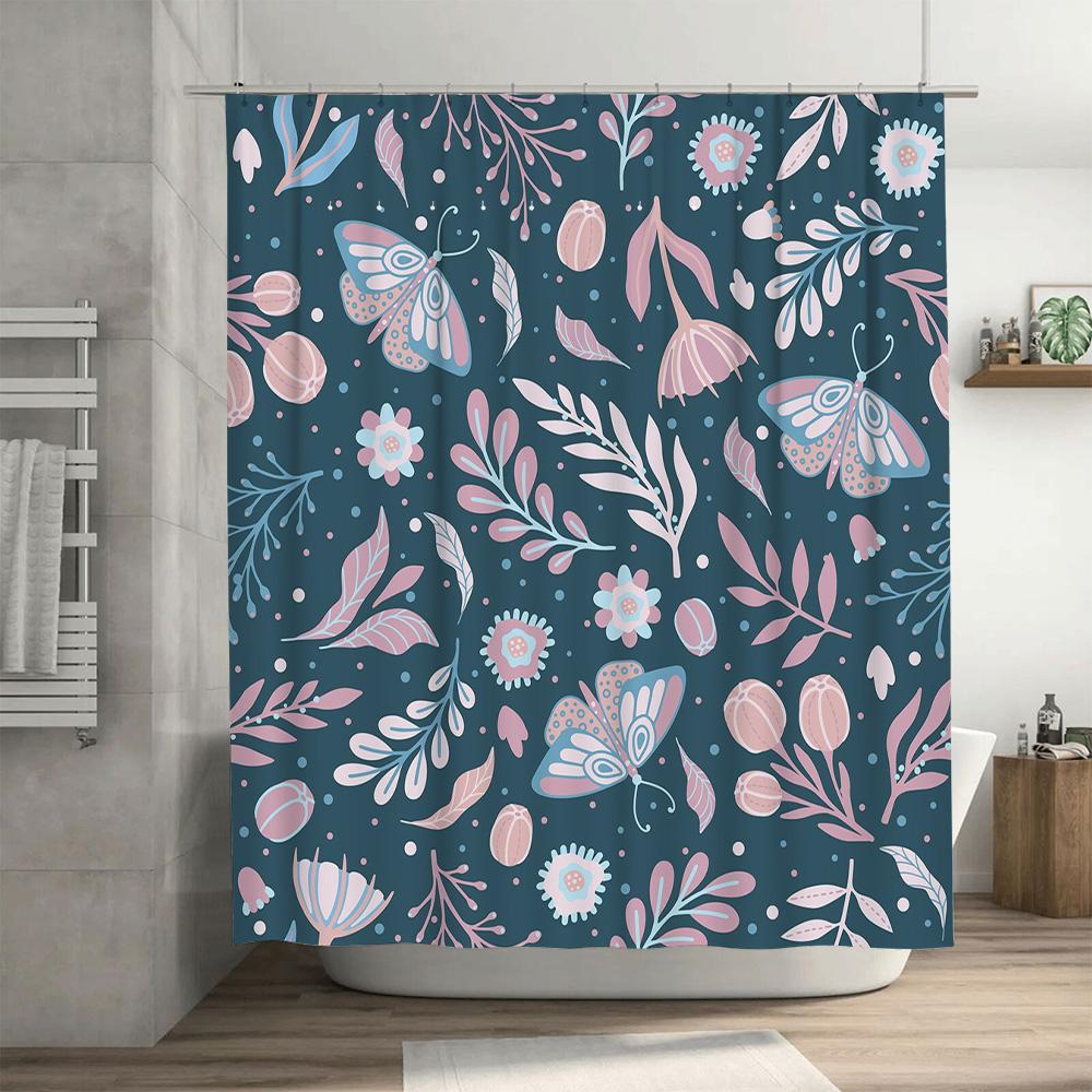 Delightful Floral Butterfly Shower Curtain Pink Blue Watercolor Pattern For Bathroom Decor Waterproof Fabric, Size 72X78 Inches