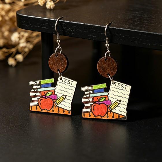 Colorful Rainbow Book Pendant Earrings - Double-sided Wooden Teacher Gift