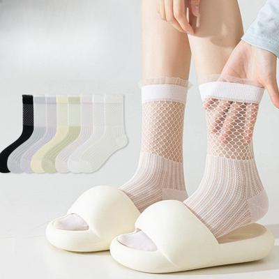 Ladies Spring and Summer Thin Cotton Lace Ballet Style Mesh Hollow Breathable Boneless Tube Stack Socks