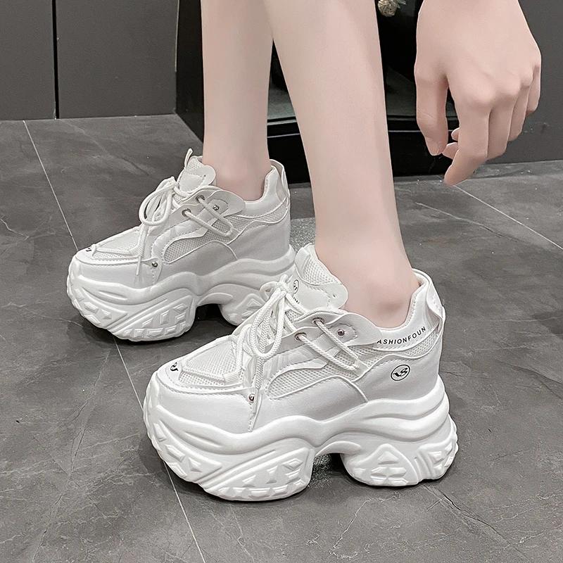 10CM New 2024 Spring Autumn Women Breathable Mesh Chunky Sneakers High Platform Casual Shoes Lace-up Summer Sports Shoes Woman