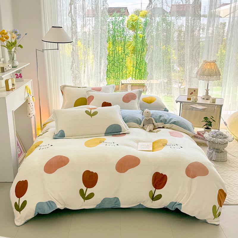 Thickened Milk Fleece Printing Four-Piece Polka Dot Student Bed Sheet Quilt Cover Bed Three-Piece Dormitory
