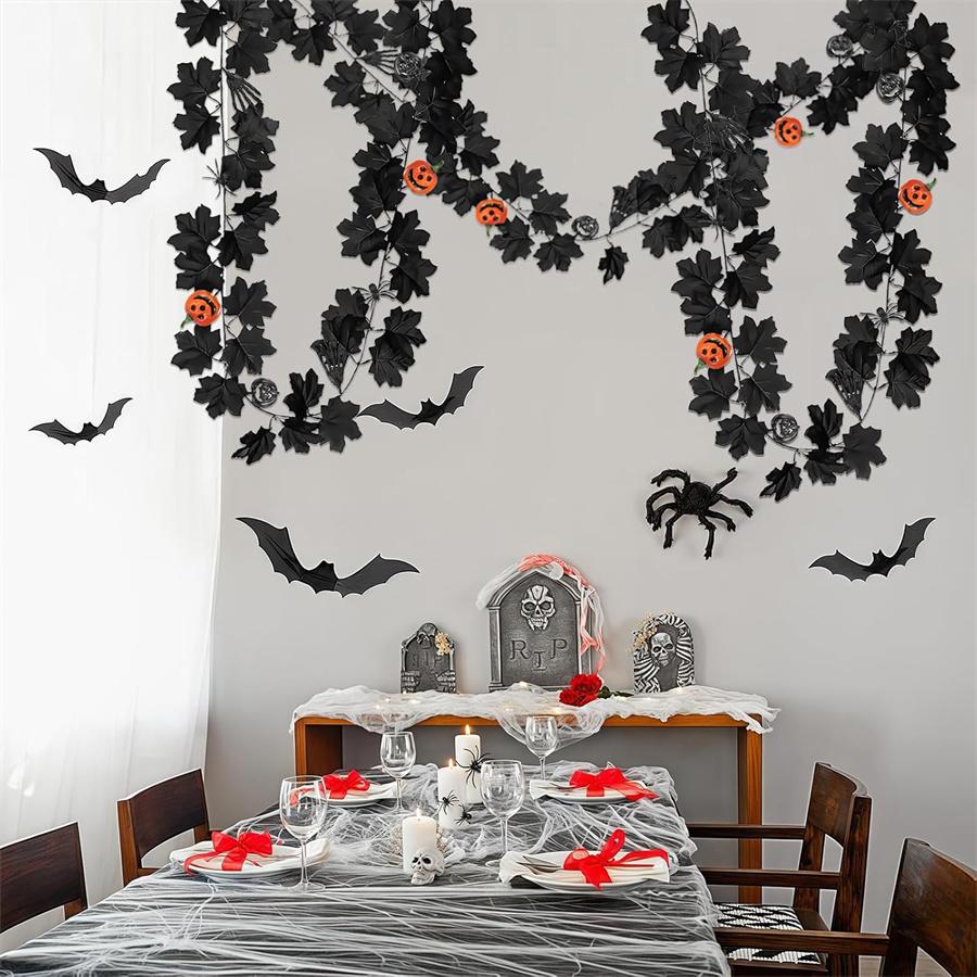 Gothic Halloween Decoration Vine Artificial Maple Leaf & Pumpkin Vine with Spider Skull Hands for Creating Spooky Fall Ambiance