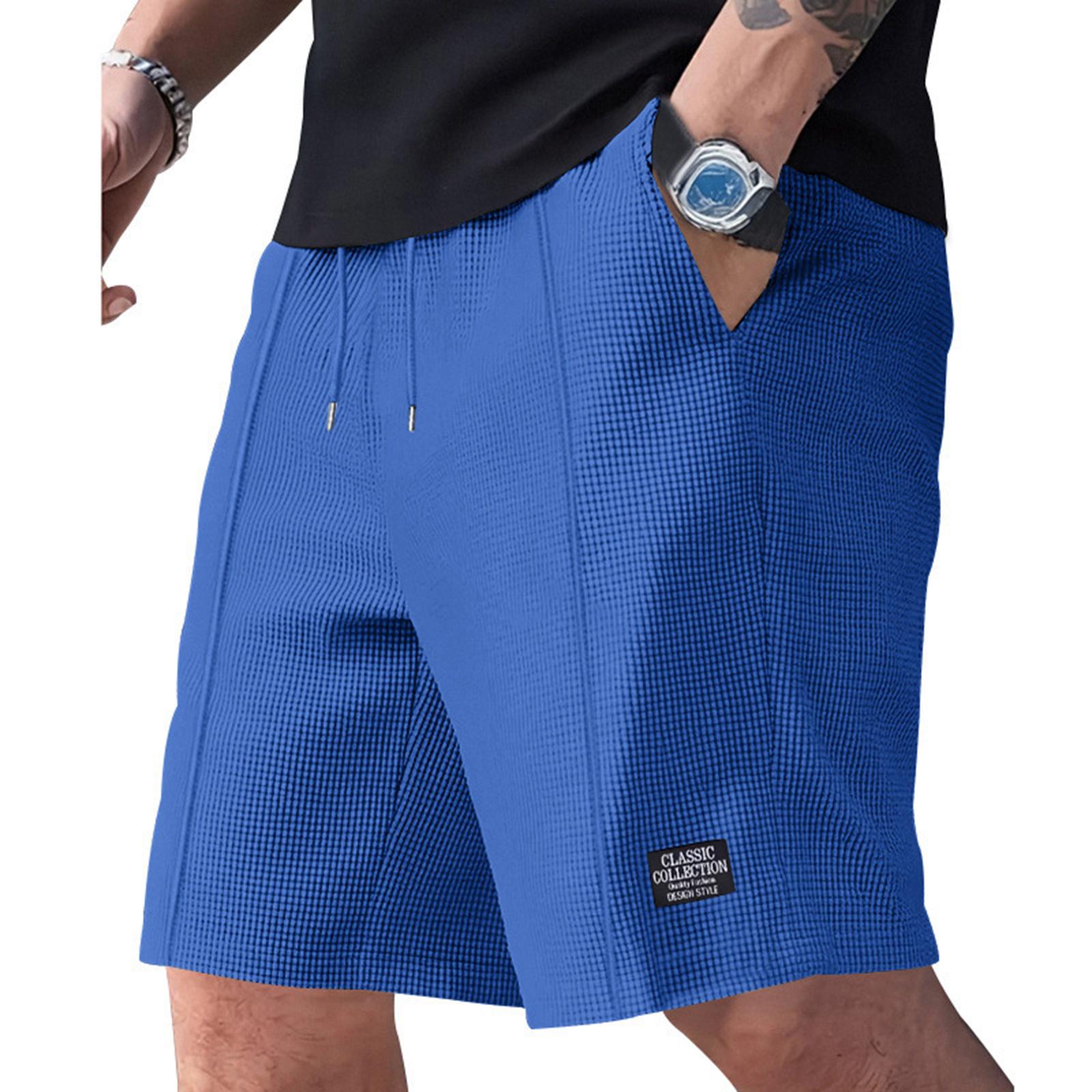 

Men s Casual Shorts - Drawstring Elastic Waist Wide Beach Pants - Pocket Label Five-pocket Pants L синий