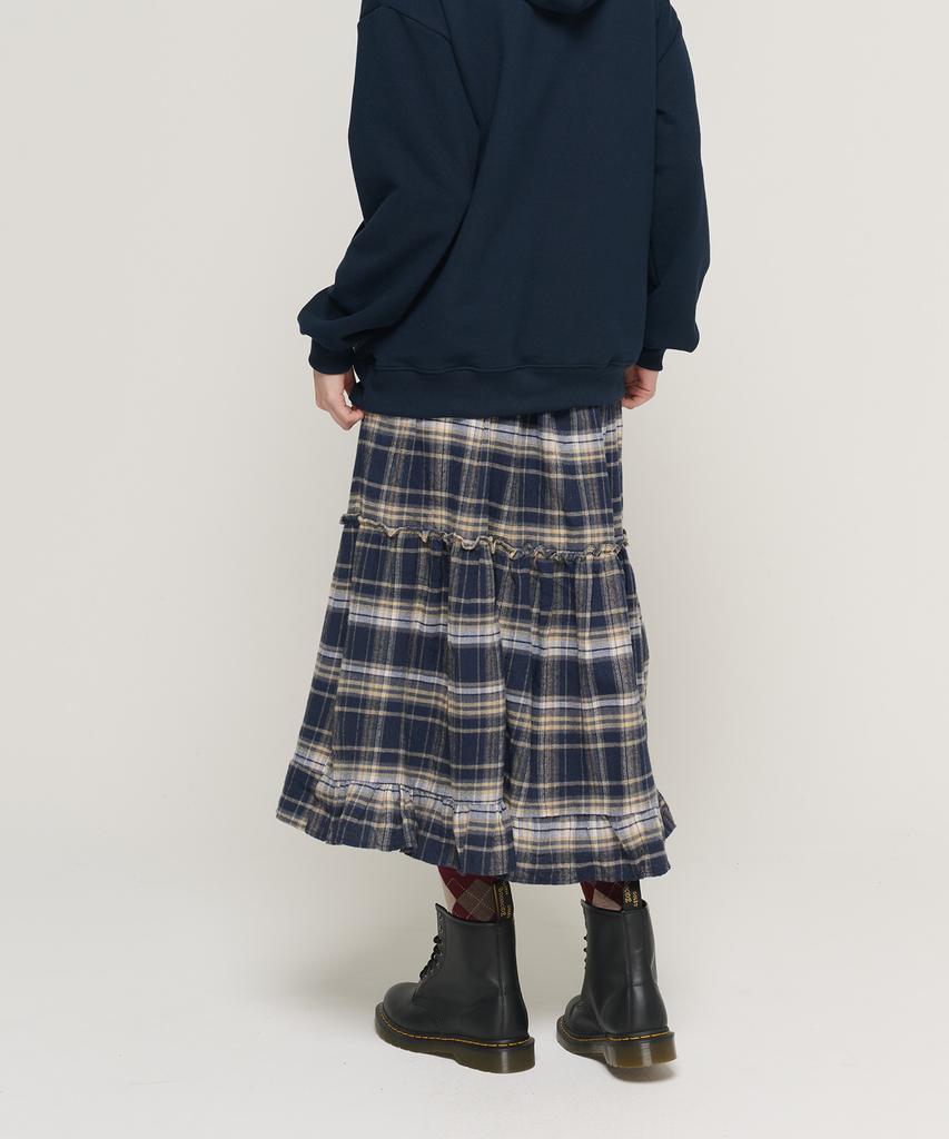Cargo Bros For Woman Check Tiered Elastic Long Skirt (Navy)