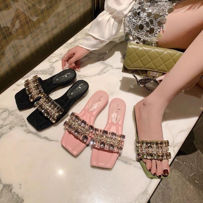 Fashion 2025 Summer Korean Version Water Diamond Low-heeled Flip-flops Genuine Leather Square-toed Women