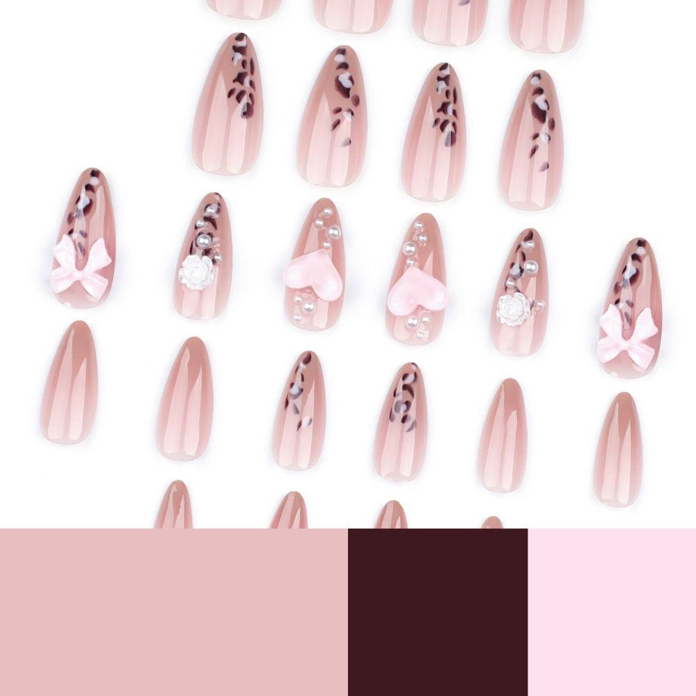 24/30PCS/BOX Cat Eyes False Nail 3D Bow Ripple Love Pearl Full Cover Fake Nail with Jelly Stickers Simple French Lines Nail Tips