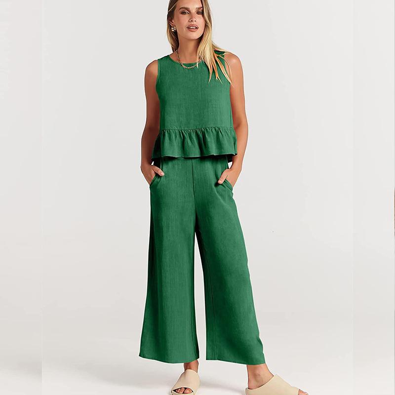 

Летний женский комбинезон, удобный повседневный плиссированный жилет без рукавов, широкие брюки, брюки с девятью точками, повседневный костюм S зелёный
