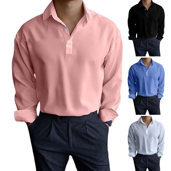 

Осенняя рубашка, однотонный пуловер на пуговицах с длинными рукавами и лацканами, украшенный деловыми повседневными деловыми мужскими топами для работы
