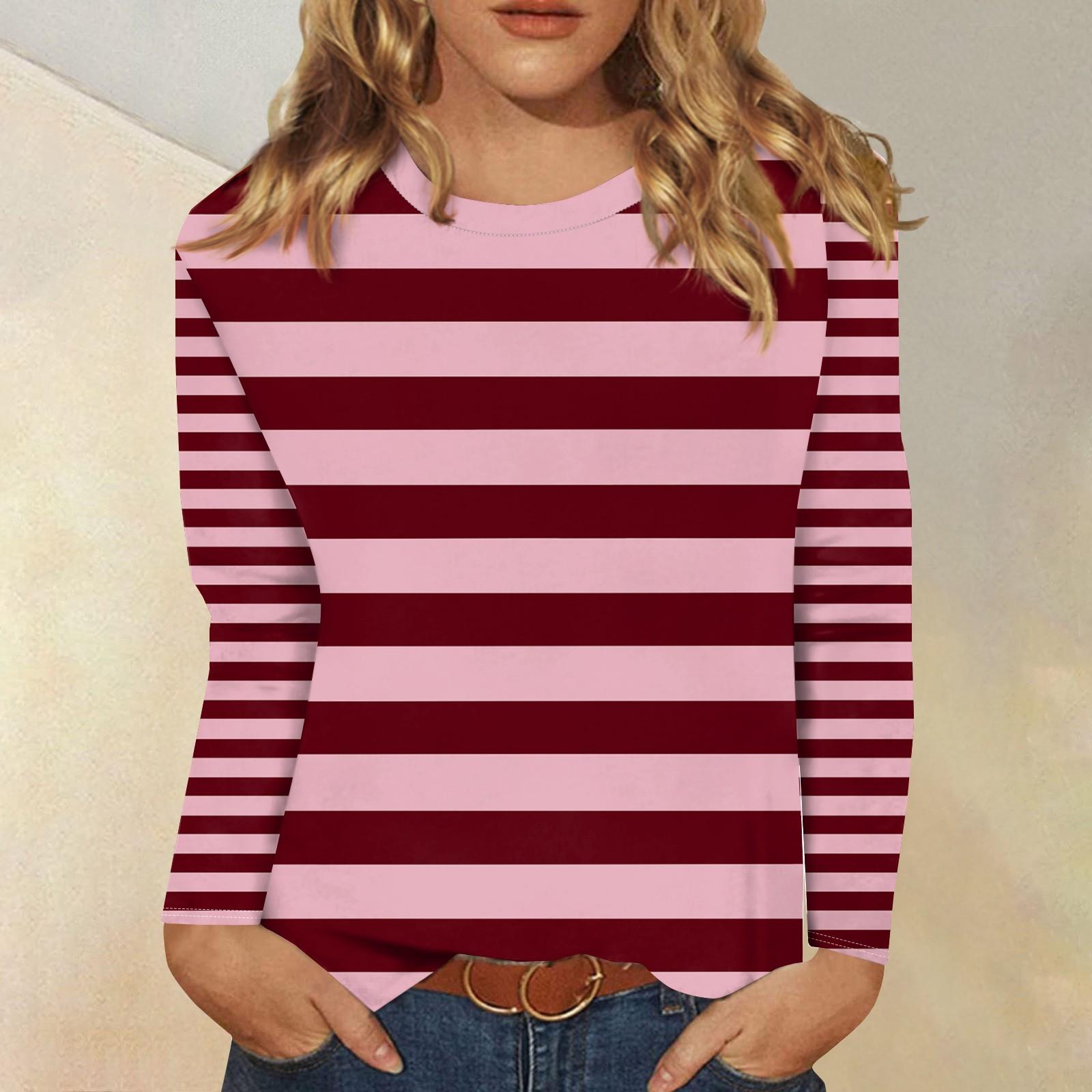 

Рубашки с длинным рукавом для женщин Милые принты Футболки Блузки Повседневные Большие размеры Базовые топы Пуловеры в полоску M розовый