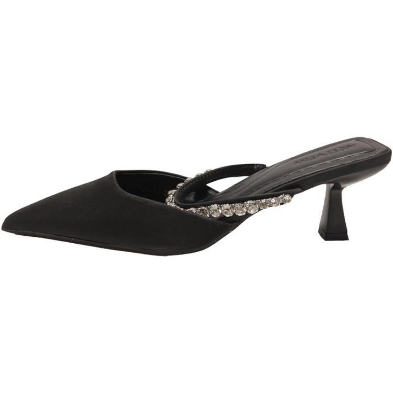 

Fashion silver pointed women s shoes outside, spring new one-word fashion single shoes, women s fine diamond high heel drag 35 чёрный