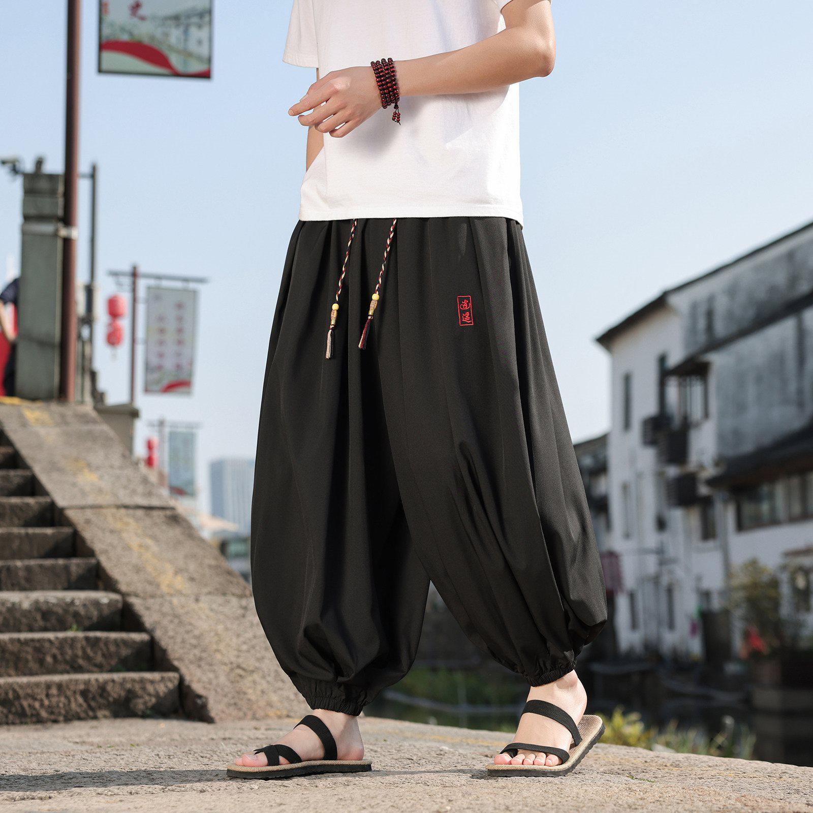

Super 8XL Men s Ice Silk Embroidered Wide-Leg Carrot Pants 6XL чёрный