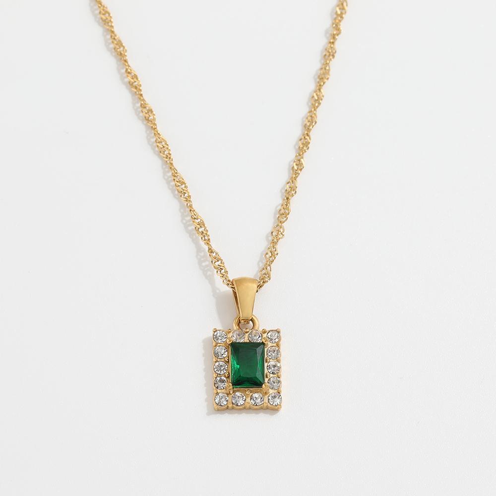Joolim Jewelry 18k Pvd Gold Plated Luxury Vintage Blue Emerald Clear Pink Purple Zirconia Rectangle Stainless Steel Pendant Ne