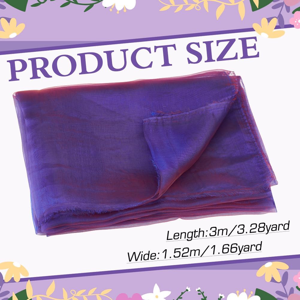BENECREAT 3.28 Yards Two Tone Organza Fabric, 59.8 Inch Lightweight Sheer Iridescent Royal Blue with Red Holographic Gauze Voile Fabric for Wedding