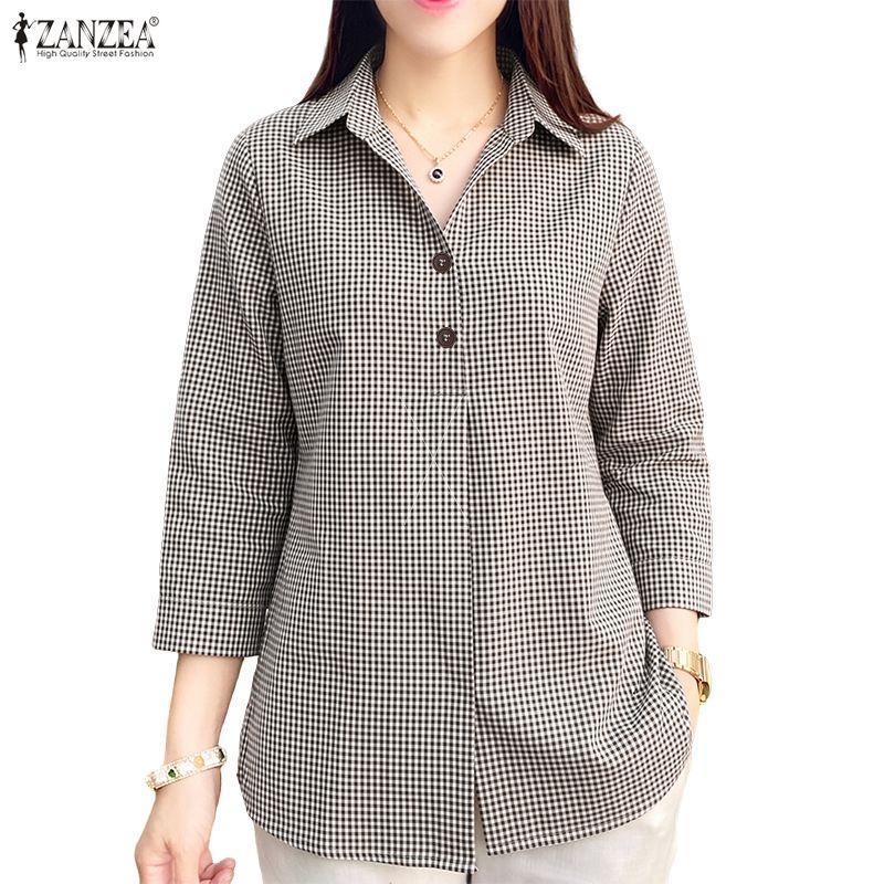 ZANZEA Womens 3/4 Sleeve Plaid Shirt Casual Button Down Lapel Neck Blouse